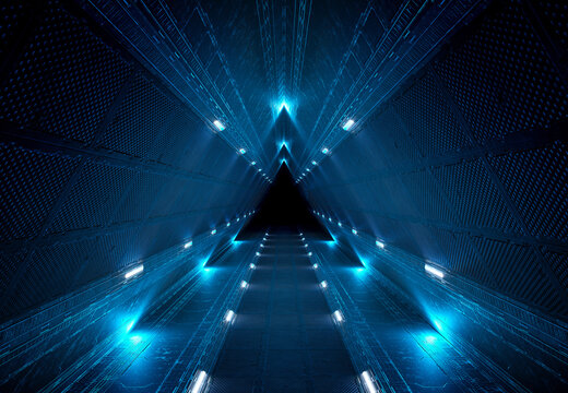 Futuristic interior corridor with blue neon lights walls. Triangle shaped spaceship background in space station. Pyramid style tunnel with lit path way. Cyber room with laser. 3d rendering