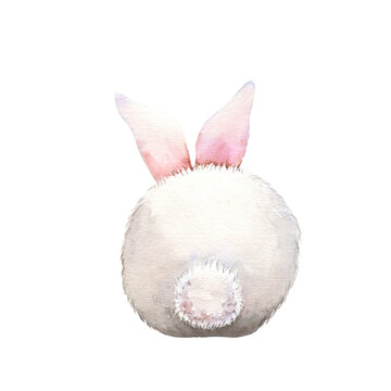 Cute rabbit watercolor illustration. Easter bunny. Hand painted art isolated on white background. Fluffy animal, cotton tail pet. Element for decorative kids design