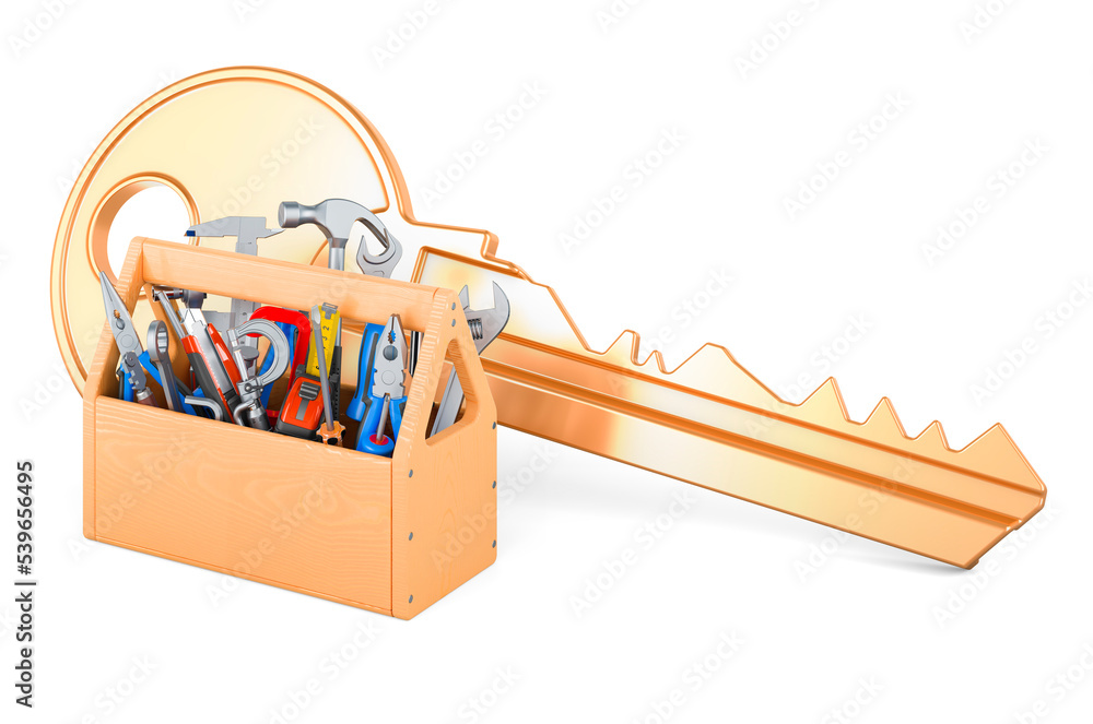Poster toolbox with key. turnkey repair with key, 3d rendering