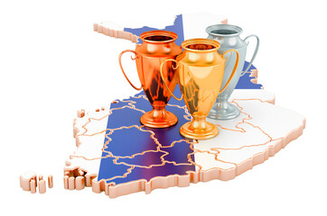 Trophy Cups on Finnish map. Sport Tournaments in Finland, concept. 3D rendering