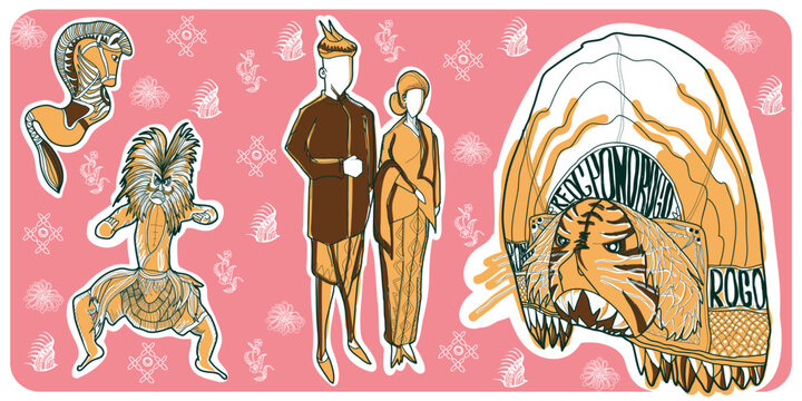 Set of east java culture images hand drawn in doodle style, contain of ladies dressing style, male costume, traditional mask, traditional dances, and batik motif.
