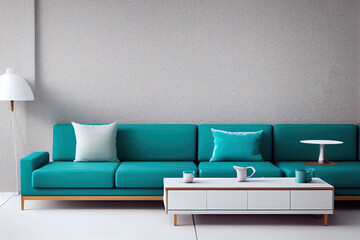 Living room in turquoise color. A painted teal mint empty wall and a gray sofa. Modern table and furniture design. Mockup minimalist interior room for art. 3d rendering