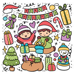 Cartoon Happy Kids Open Christmas Gift, Doodle Christmas Elements