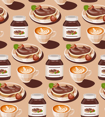 Pot with chocolate cream, piece of bread and cup of coffee. seamless pattern. Still life, composition on the table.