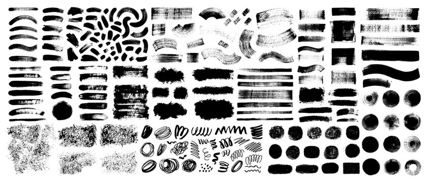 Set of black paint, ink brush strokes, brushes, lines. Vector dirty, grunge artistic design elements, backgrounds, textures.