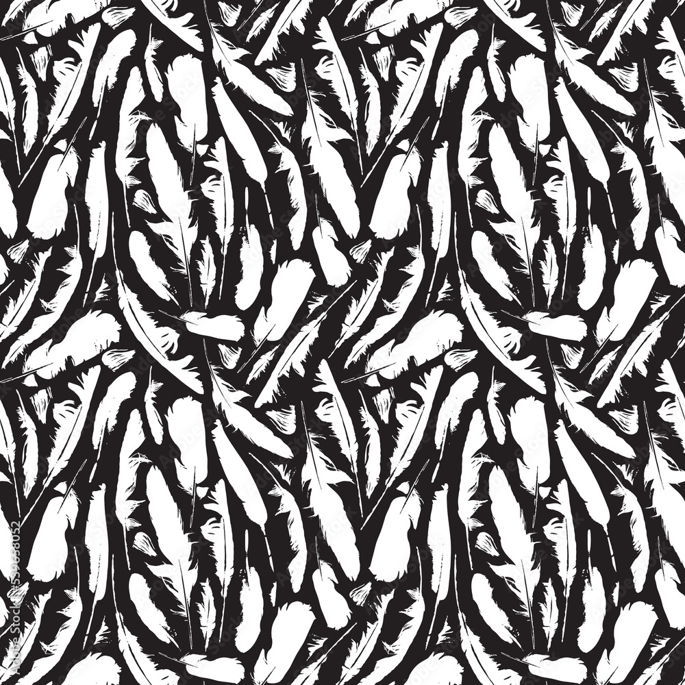 Poster abstract seamless pattern with scattered bird feathers. white feathers on a black backdrop. monochro