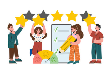Customer feedback flat vector illustration. Online survey with questionnaire and emotions scale. People holding gold stars in hands and leaving positive review. Client satisfaction level, evaluation.