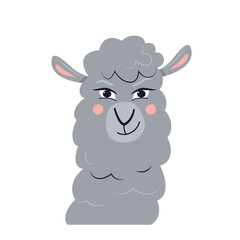 Funny cartoon head of cunning lama. Grinning alpaca isolated on a white background. Vector animal illustration. © Tatiana