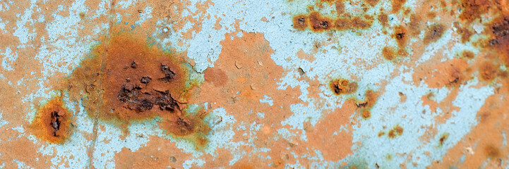Panoramic web header banner grunge rusted oxidized iron old metal texture.