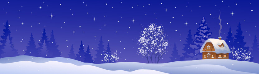 Vector illustration of a winter night snowy landscape, blue background panorama