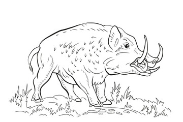 Animals. Black and white image of a large wild boar, coloring book for children.
 Vector drawing. 