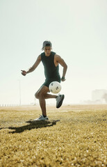 Sports, soccer and man running on soccer field outdoors fitness goal training for sport...