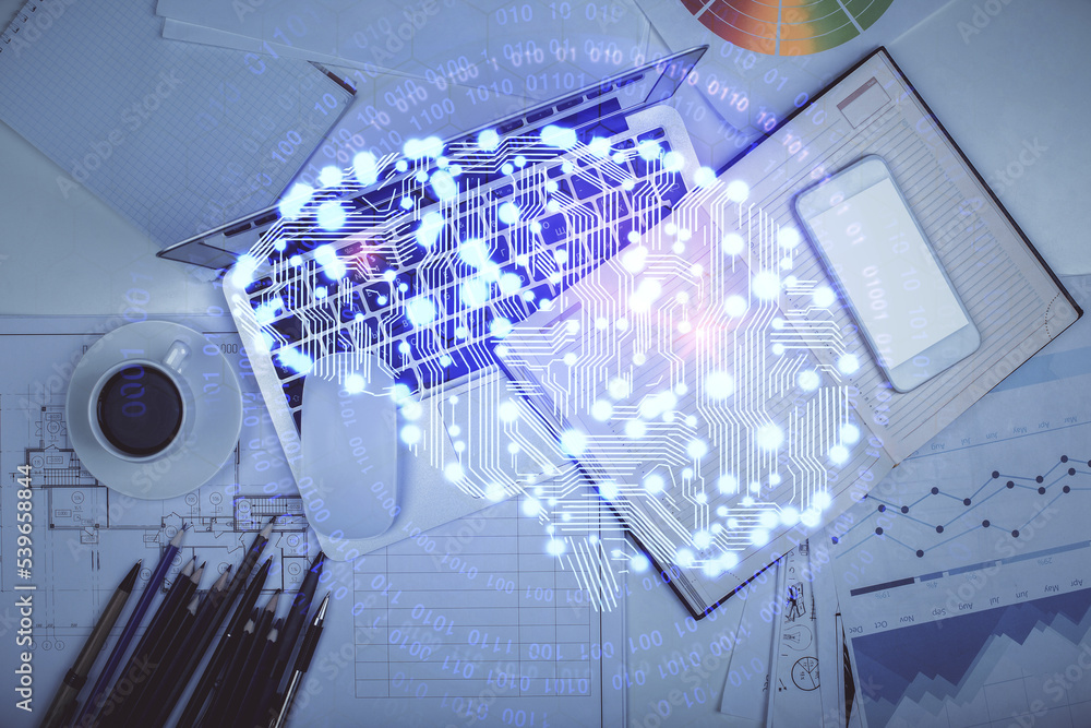 Aufkleber multi exposure of brain sketch hologram over topview work table background with computer. concept of