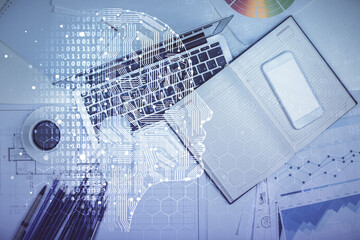 Multi exposure of brain sketch hologram over topview work table background with computer. Concept of big data.