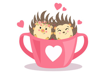 Cute hedgehogs inside the tea cup of love
