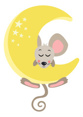 Cute mouse hanging on yellow moon