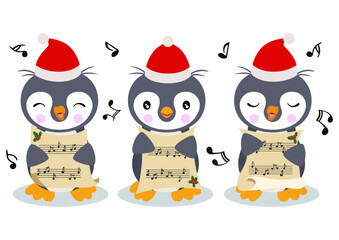 Group of cute penguins chorus singing Christmas songs