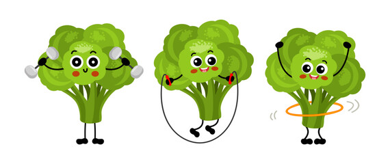Set of cute green broccolis mascot making gym