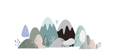 Vector composition with winter forest in mountains. Decorative illustration winter trees in flat style scandi minimalism and boho color. For design baby wallpaper, textile, fabric, wrapping paper