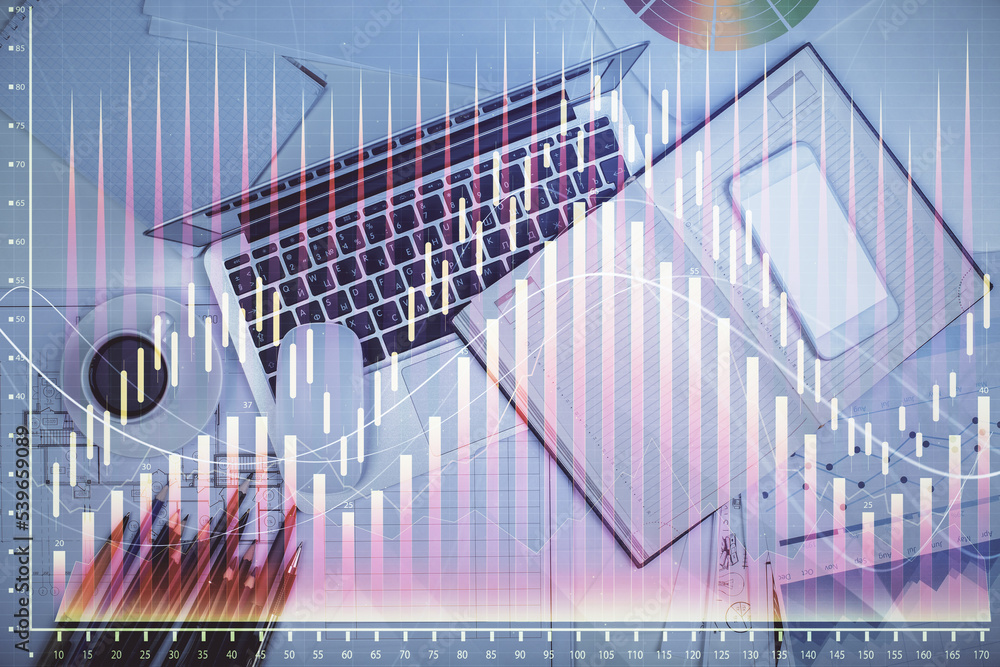 Poster multi exposure of forex chart drawing over table background with computer. concept of financial rese