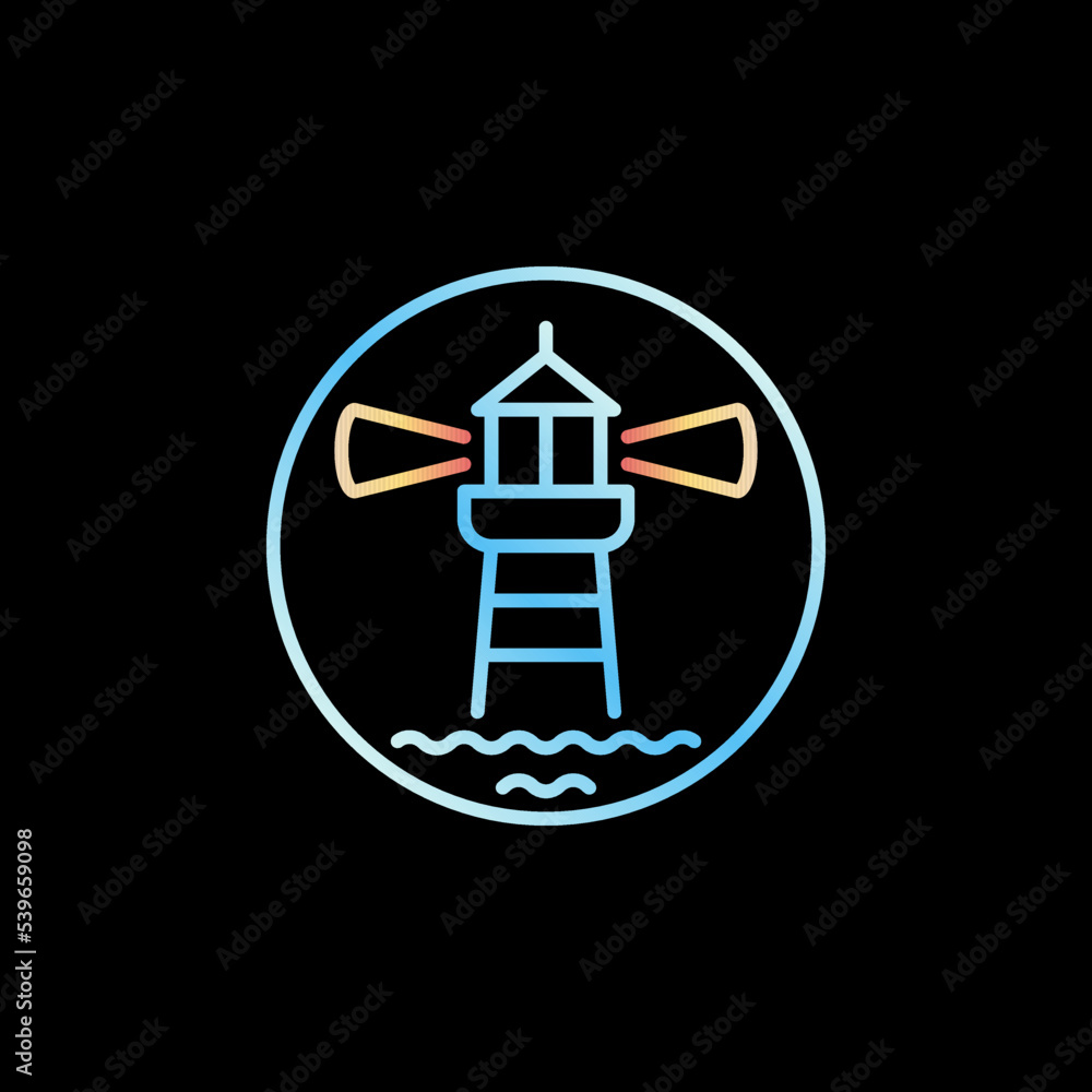 Poster lighthouse with waves thin line vector blue round icon