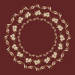 Round decorative frame. Golden roses on red background.