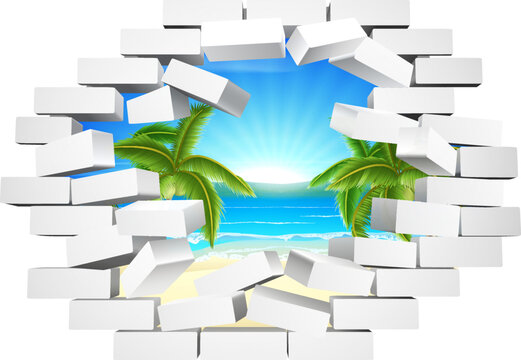 A brick wall breaking with an idyllic beach behind, freedom concept