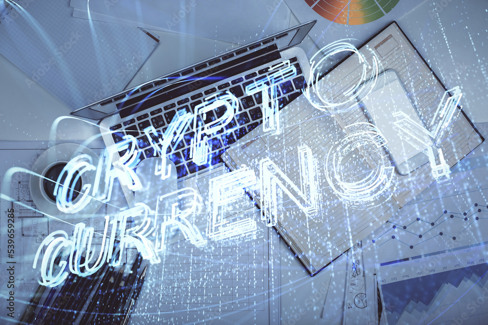 Poster blockchain theme hologram drawings over computer on the desktop background. top view. multi exposure