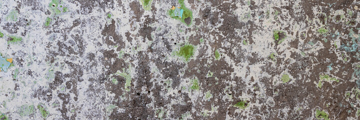 Peeling paint on the wall. Panorama of a concrete wall with old cracked flaking paint. Weathered rough painted surface with patterns of cracks and peeling. Wide panoramic grungy texture for background