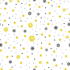Christmas seamless pattern. Gold glitter decorations, stars and polka dots. Packaging template, wrapping paper, textiles, prints and wallpapers.