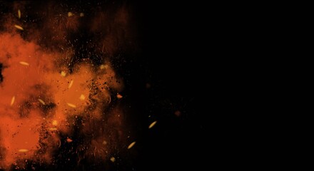 Panoramic view fire on isolated background. Perfect explosion effect for decoration and covering on black background. Concept burn flame and light texture overlays.
