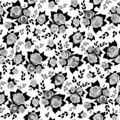 Gray roses on the white background, silhouette, contrasting, monochrome seamless pattern.