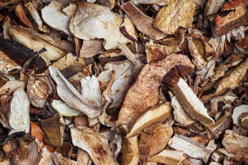 Dried porcini mushrooms cut into slices. Farmer's market in the Carpathians. Healthy organic food. Top view.