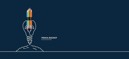 Back to School horizontal banner with rocket pencil launching to space. Online courses, learning and tutorials Web page template. Online education concept