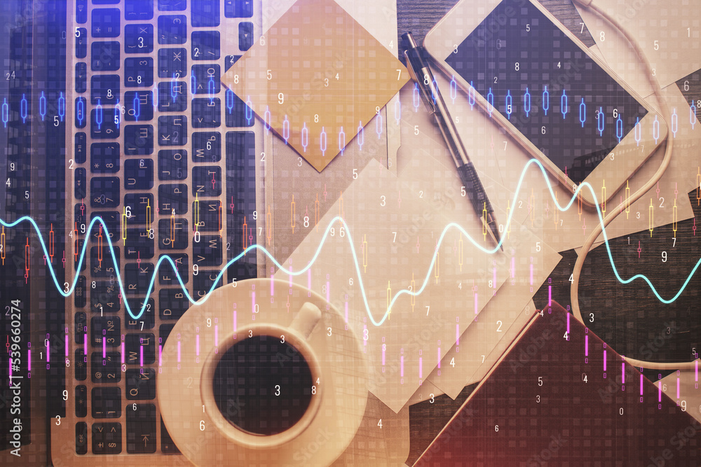 Poster double exposure of financial chart drawing over table background with computer. concept of research 