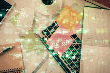 Double exposure of data hologram sketch over study table background with computer. Concept of Ai....