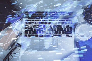 Double exposure of data theme drawing hologram over topview work table background with computer. Concept of technology.