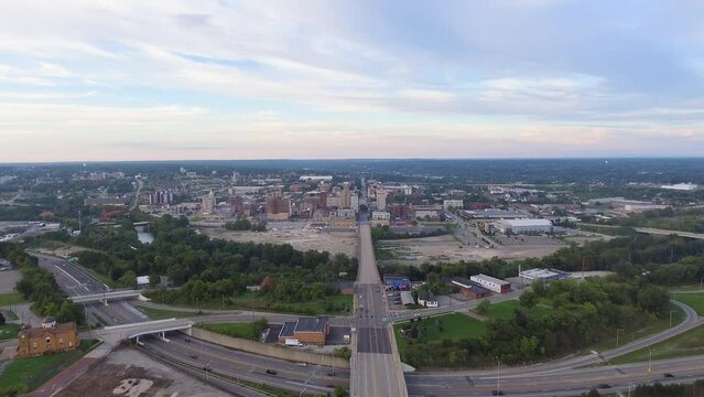 Forward drone shot of Downtown Youngstown on a mid summer day in Youngstown Ohio.