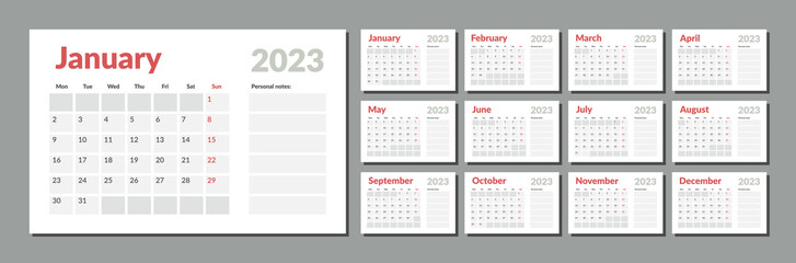 2023 Calendar Planner Template with place for notes. Vector layout of a wall or desk simple calendar with week start monday. Calendar grid in grey color for print