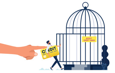 Big hand push businessman with credit card in to birdcage metaphor of debt