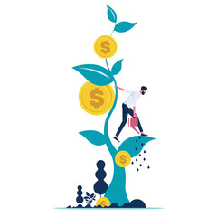 Businessman watering the money tree for the business and financial growth, business investment profit, Revenue and income metaphor