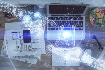 Double exposure of data theme drawing hologram over topview work table background with computer. Concept of technology.