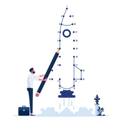 Businessman connect the dot as Rocket of launch metaphor, concept of new business project, development and launch a innovation product