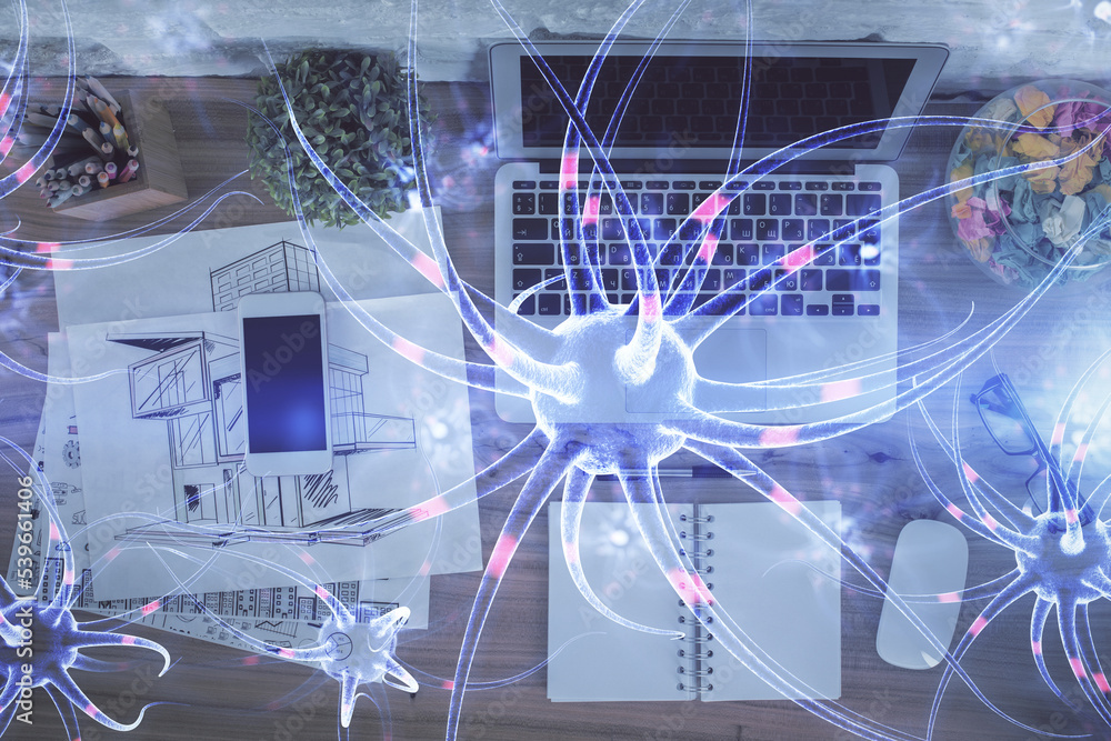 Poster neuron hologram drawings over computer on the desktop background. top view. multi exposure. concept 