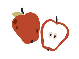 Cut apple. Fruit half with seeds, fresh flesh. Healthy vitamin food piece, cross section with peel, stem. Natural ripe eating. Flat vector illustration isolated on white background