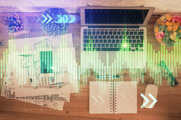 Multi exposure of financial chart drawing over table background with computer. Concept of research. Top view.