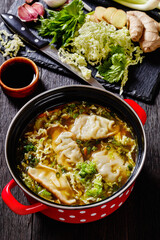 Asian Potsticker Soup in red pot, top view