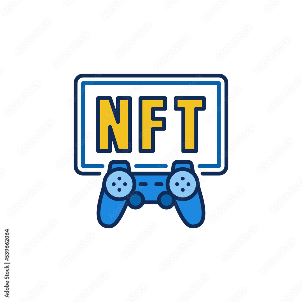 Poster nft with joystick colored icon - vector non-fungible gaming token sign