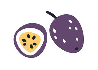 Passion fruit, cut half with seeds and whole. Fresh passionfruit cross-section and piece with flesh. Exotic tropical vitamin food. Flat vector illustration isolated on white background