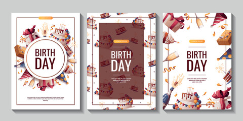 Set of Birthday promo sale banners with cake, champagne, cupcake, gifts, caps, confetti. Birthday party, celebration, holiday, event, festive concept. Vector illustration. Banner, flyer, advertising.